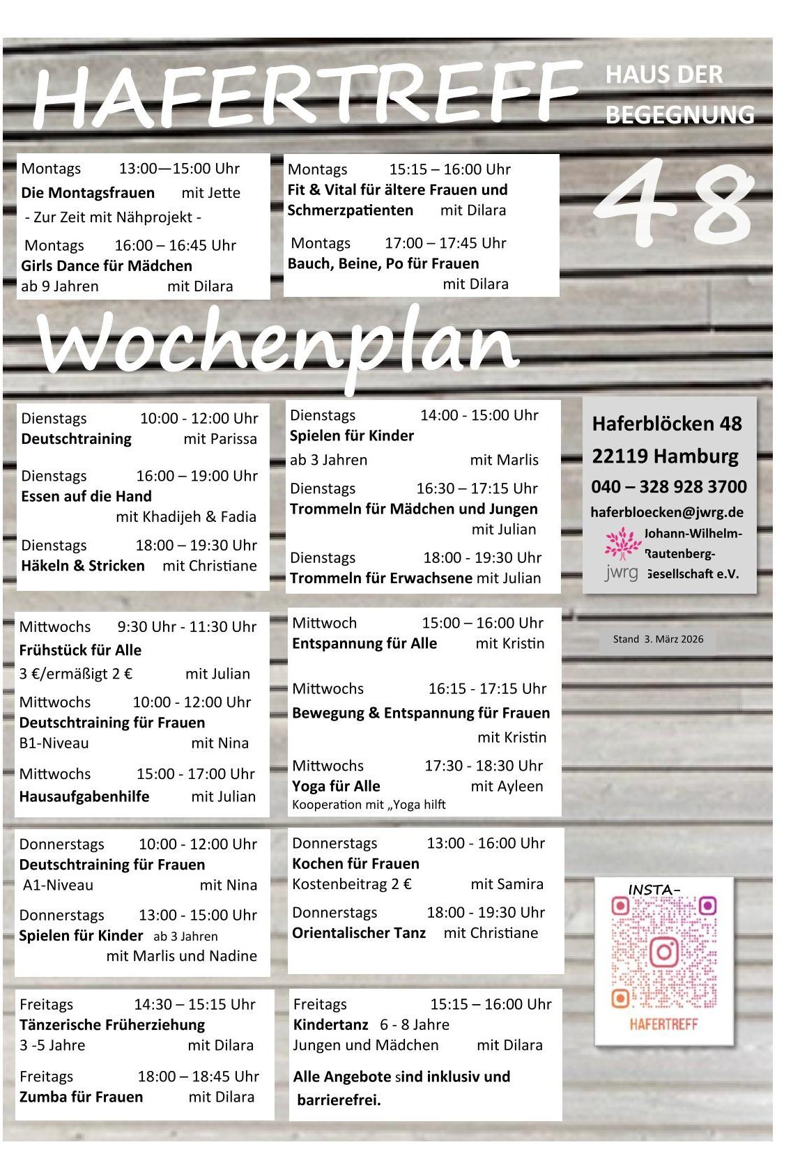 Tabelle mit einer Übersicht über alle Termine im Hafertreff von Montag bis Freitag